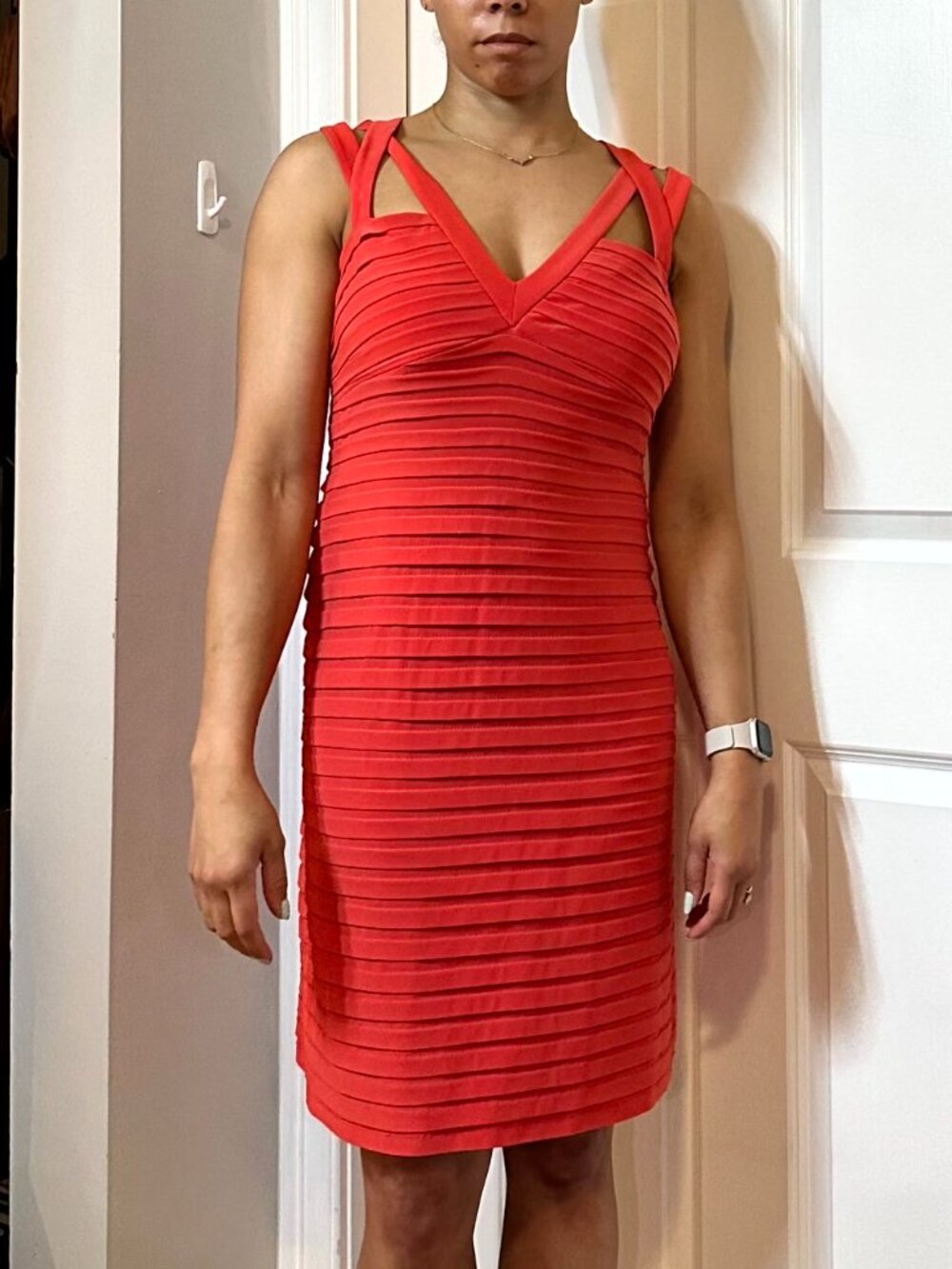 Adrianna Papell Coral Red Pleated Bodycon Sheath Dress Size 4